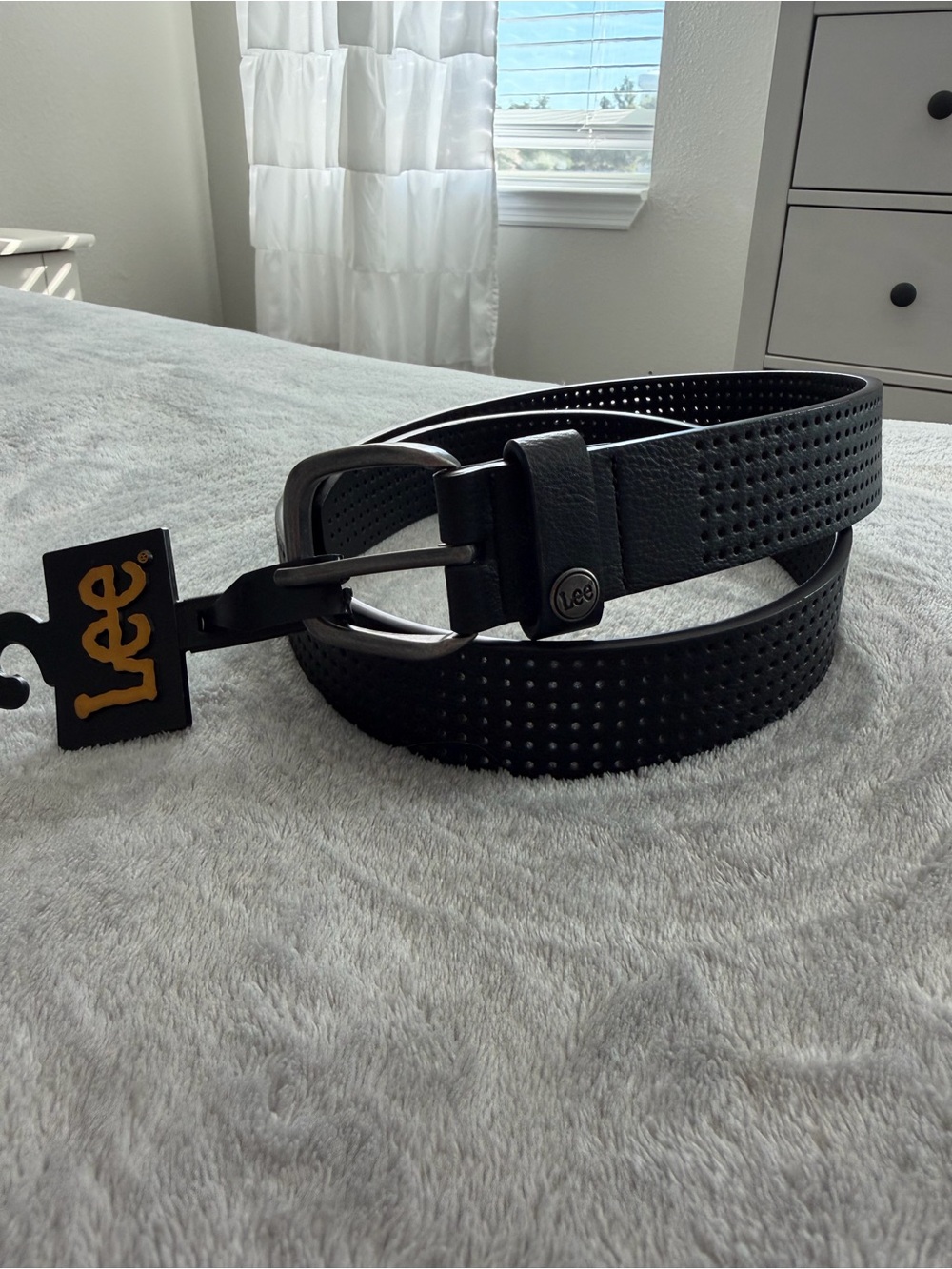 Lee NWT Black Perforated Leather Belt Dark Gunmetal Buckle
